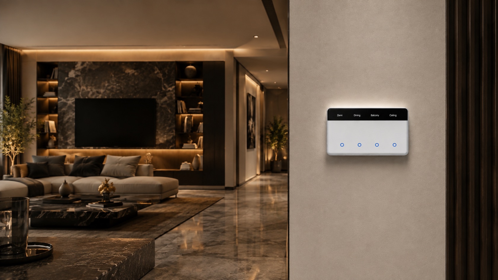 A LumDIY glass touch switch mounted on a wall with custom room labels